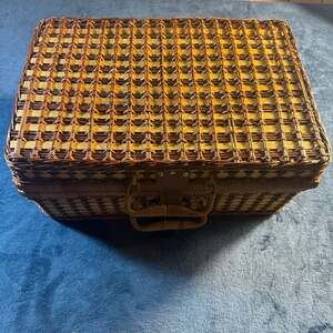 Wicker Picnic Basket Set with Blue Gingham Lining and Cobalt Blue Tableware